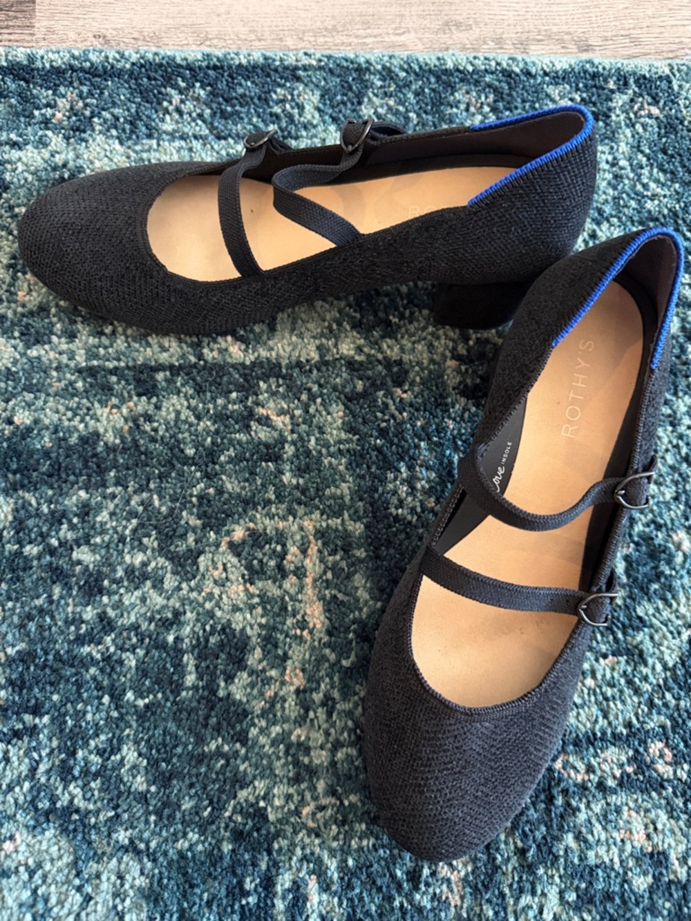 Rothy's Black Knit Mary Jane Heels with Blue Trim